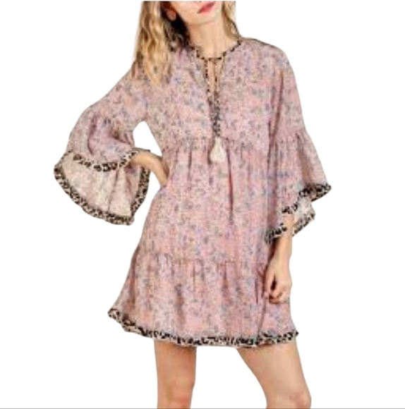 Umgee Floral Pink chiffon bell sleeve ruffle tiered Fairycore Leopard Trim sz S - Picture 1 of 11
